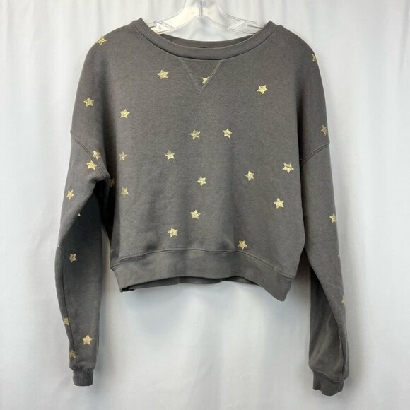 Fifth Sun Womens Cropped Sweatshirt Gray Gold Star Print Pullover Long Sleeve S - Picture 1 of 10